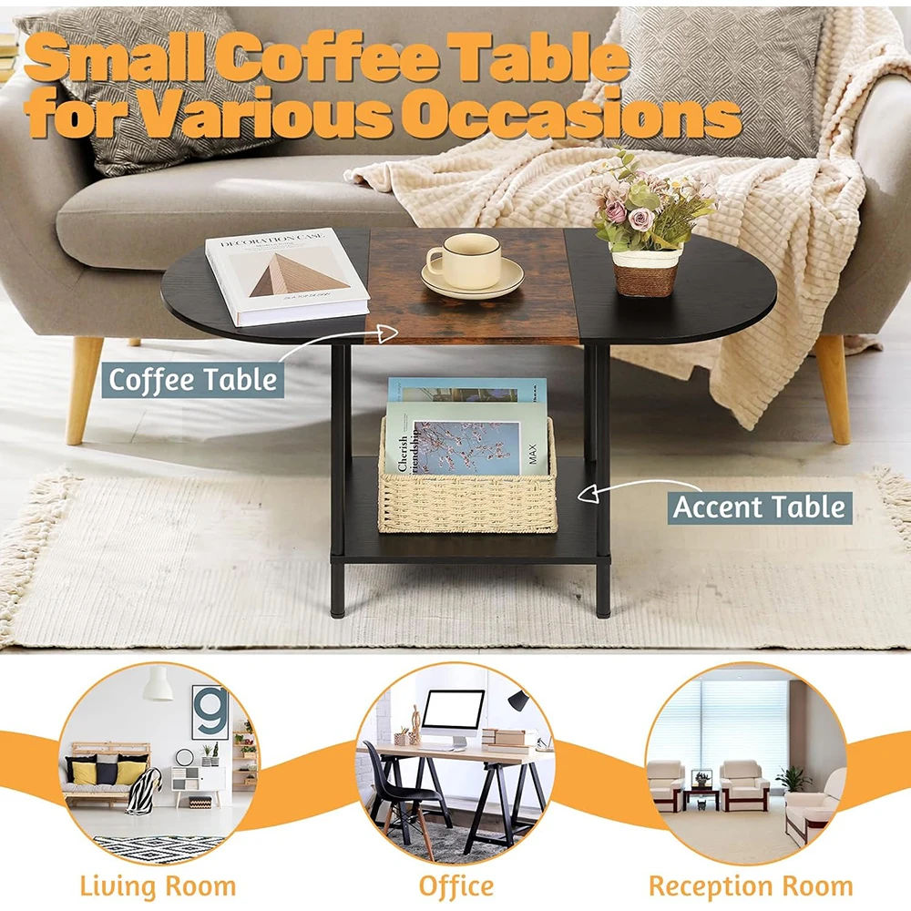 product nu deco 2 tier small oval coffee table storage shelf industrial modern style wood tabletop metal frame for living room home-4