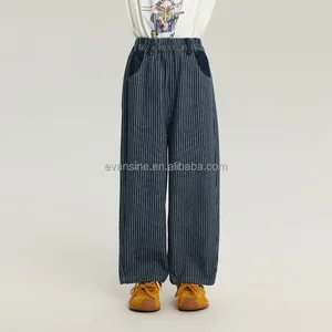 Customizable Kids Striped Denim Wide Leg Pants Elastic Waist Loose Fit Durable Comfortable Casual Everyday Play
