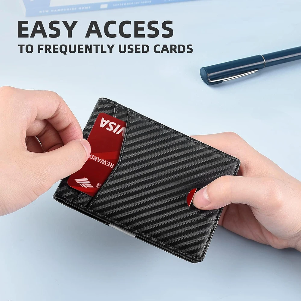 Customize Mens Front Pocket Money Clip Wallet RFID Blocking Carbon Fiber Wallet ID Window Large Capacity Wallet