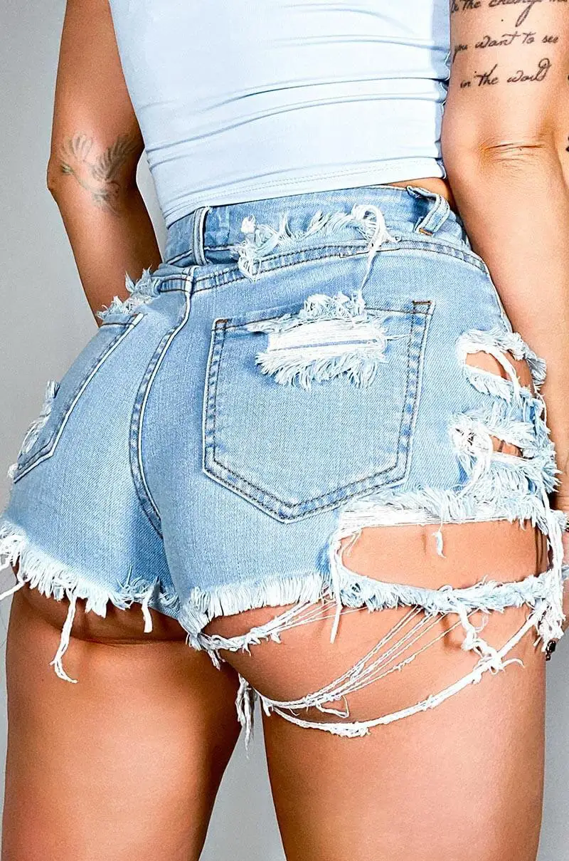 Brocken Hole 2023 Lady Joggers Jeans Shorts Straight Style with Zipped Button Tassel & Denim Pocket Raw Ripped Frayed Breathable