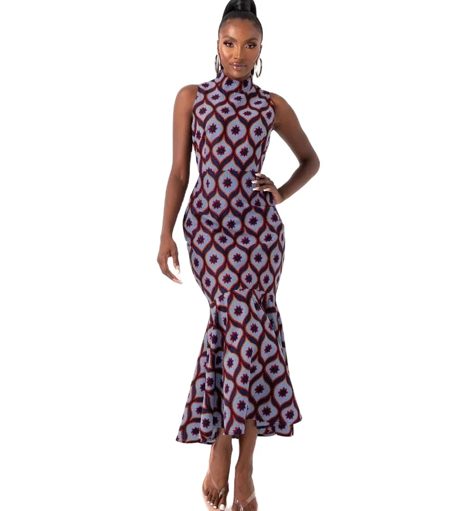 High Quality Africa Clothing African Fashion Design Dress Ankara Sleeveless  Midi Mermaid Dress