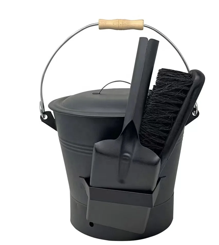 Black Ash Bucket With Lid,Firepit Shovel And Broom,Fireplace Cleaning