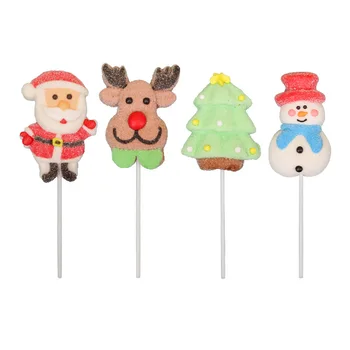 Hot Selling Christmas Cartoon Shape Elk Snowman Soft Candy Marshmallow  Lollipop Stick Cotton Candy