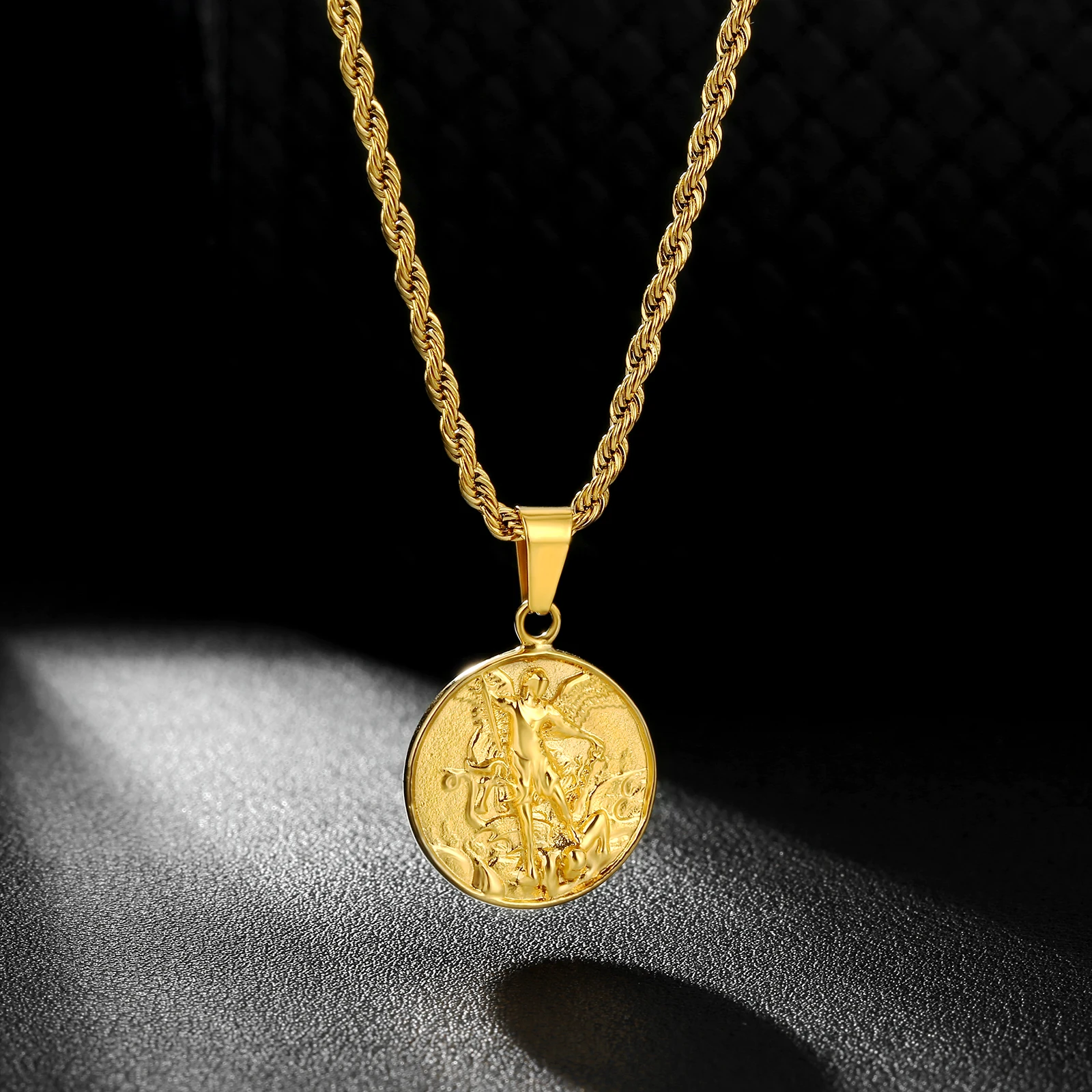 18k Gold Plated Vintage ST MICHAEL Angel Textured Medallion Coin Pendant  Round Circle Disk Dainty Women Men Gold Coin Necklace