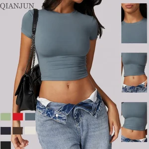 Wholesale Seamless Activewear Womens Short Sleeve T-Shirts Crop Tops Slim Fit Crew Neck Gym Workout Tops Gym Fitness Wear