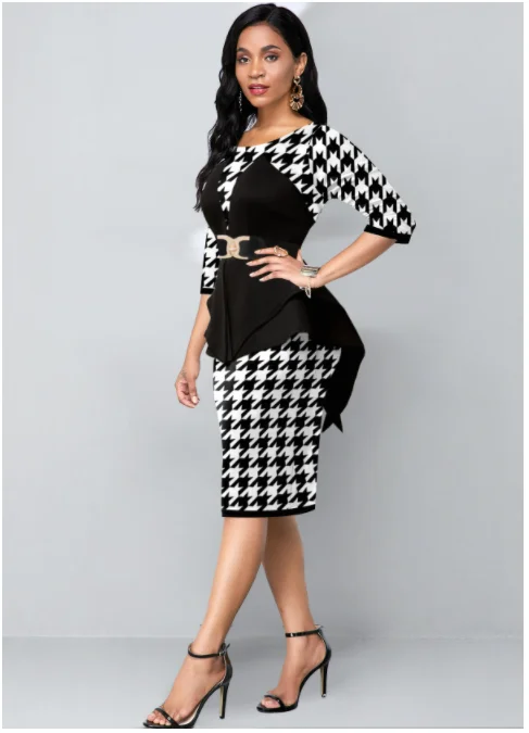 Office Winter Houndstooth Print Black Faux Two Piece Dress - Buy Two ...