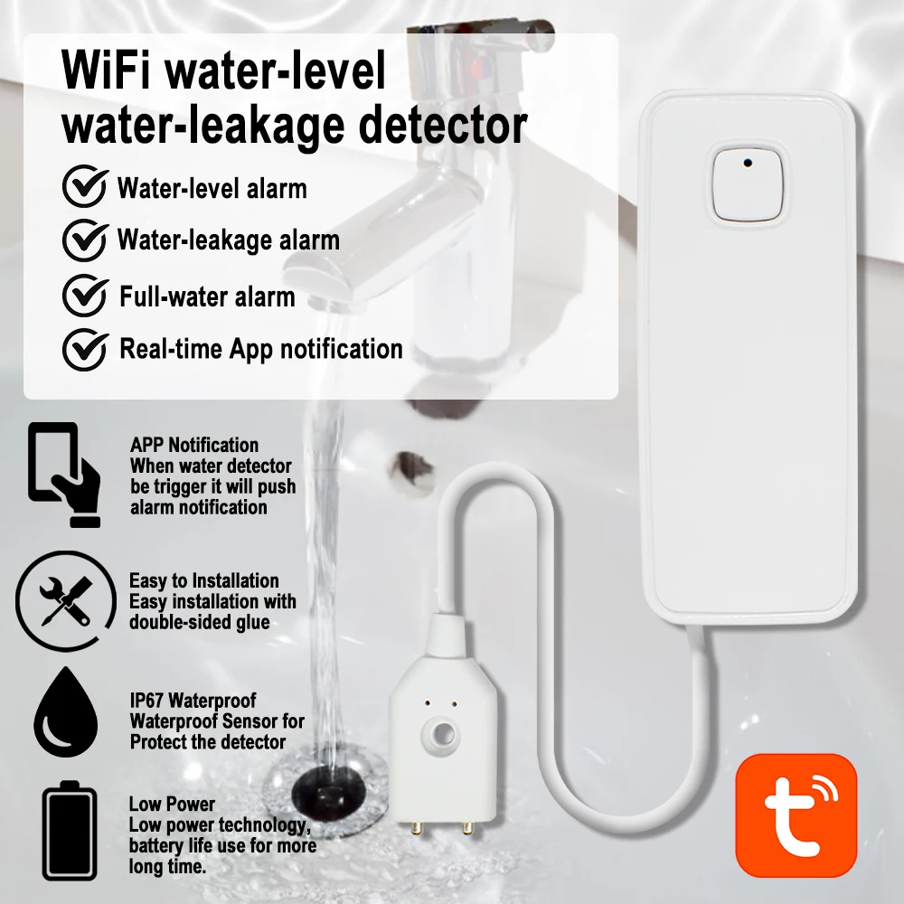 Smart Water Leakage Sensor Tuya WiFi Overflow Level Detector Low Water ...