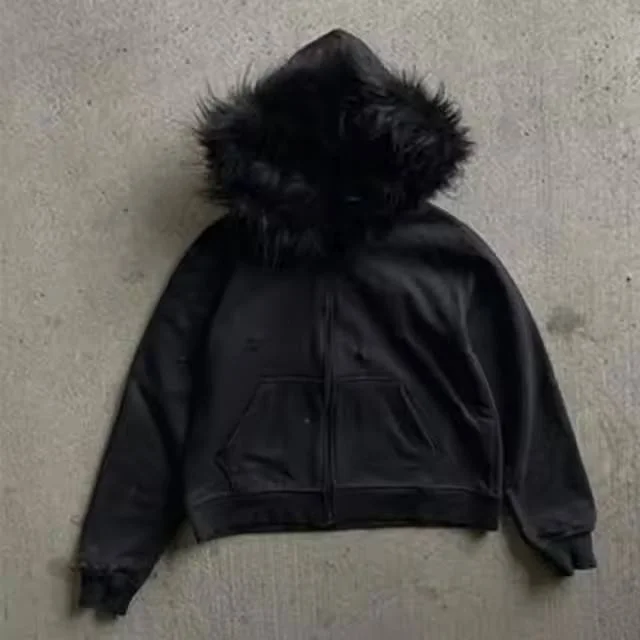 Unisex Winter French Terry Hoodie Streetwear Y2k Cotton High Quality Heavyweight Fleece Zip Fur Custom Embroidered Streetwear gallery 4