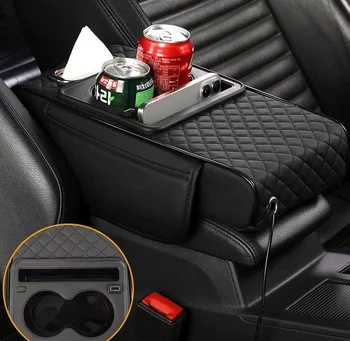 New 4 in 1 Car Armrest Box with Charging Leather Waterproof Black Central Armrest Pad Cushion with Cup Holder Tissue Box