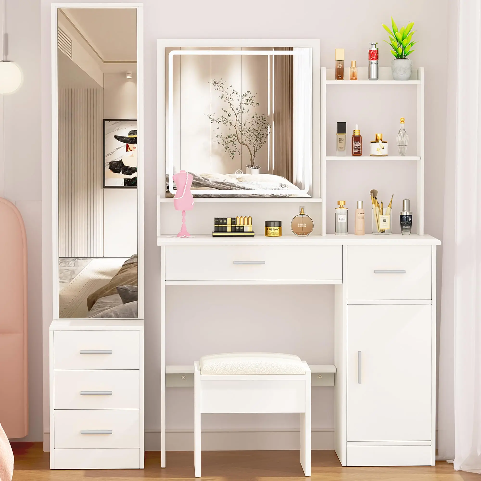 Modern Fancy New Design LED Intelligent Control Mirror Dressing Vanity Desk Table Movable Wood Panel for Bedroom Apartment Use