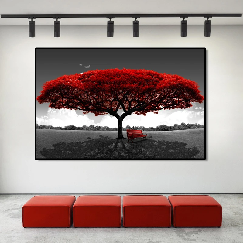 Nordic Modern Red Tree Landscape Wall Art Canvas Posters Prints Unframed Wall Pictures for Office Living Room Home Decor Artwork