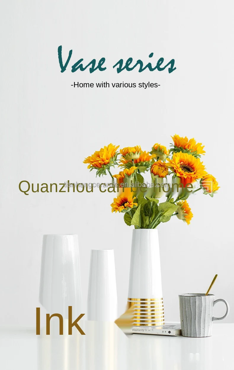 Modern nordic ceramic vase handcrafted white home decoration vases with gold luxury simple flower pot hotel office desktop decor.jpg