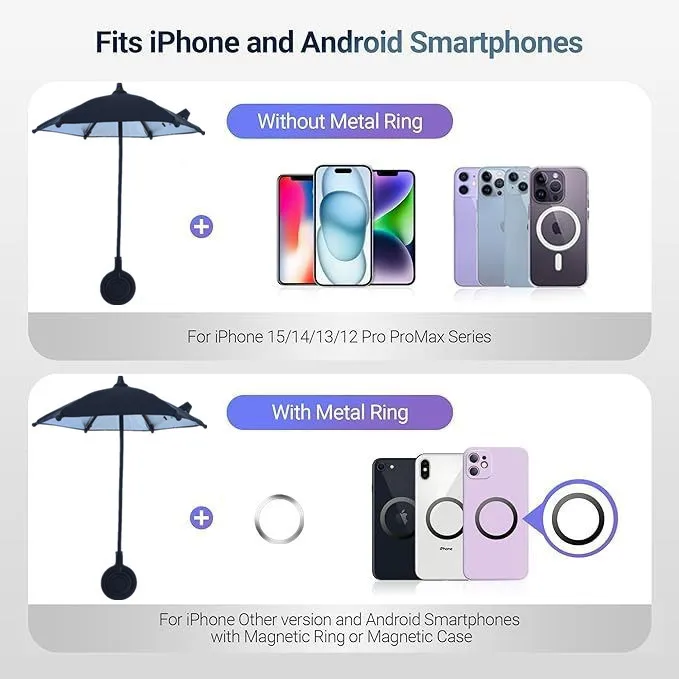 Magnetic Phone Umbrella Outdoor Phone Sun Shade Shield with Flexible Rotatable Phone Ring for iPhone for Magsafe Anti-Glare