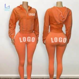 Huili Manufacturer Custom logo French Terry Pull Over Hoodie & Leggings Outfits Acid Wash Activewear Two Piece Women Hoodie Set