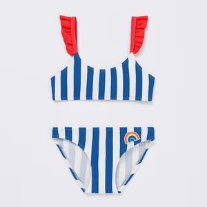 Custom Kids Girls Stripe Bikini Swimsuit Set Rainbow Patch & Ruffle Straps Summer Girls Swimwear OEM/ODM Direct Factory
