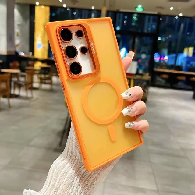 Luxury Frosted TPU Phone Case for Samsung S24Ultra S24Plus Magnetic Skin-Feel Lens Holder Phone Grip Ins Style Applicable