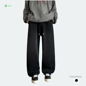 Men's Vintage Black Winter Straight-Leg Polyester/Cotton Fleece Elastic Plain Dyed Embroidered Windproof Breathable Drawstring