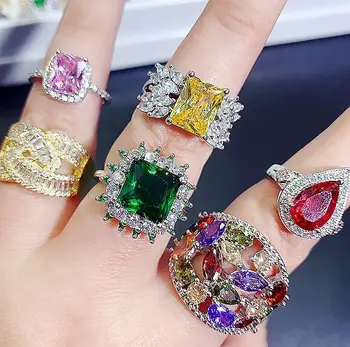 Aug jewelry ring mixed wholesale crystal color zirconium ring heavy industry micro-inlaid S925 silver gemstone explosion ring