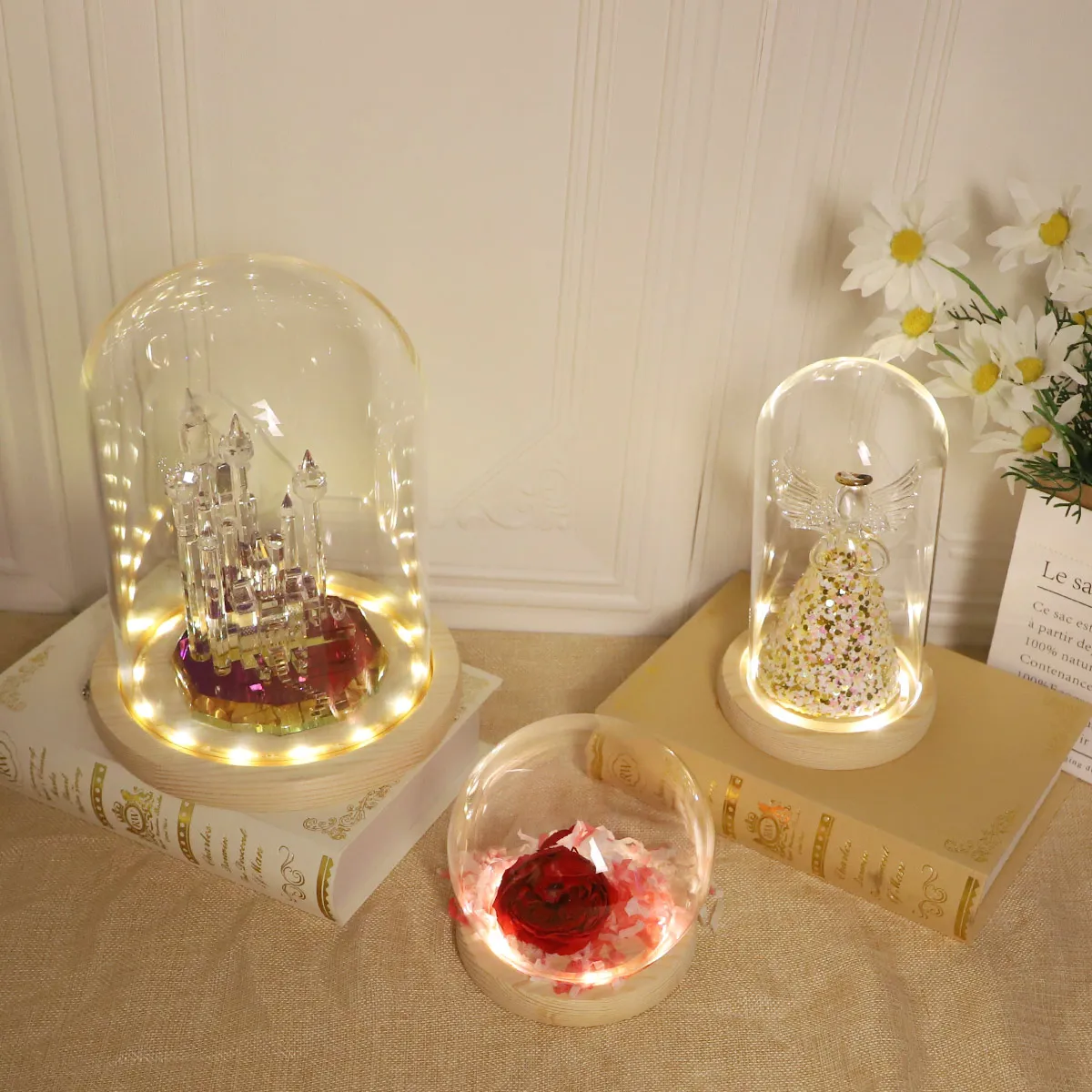 Glass display decorative clear cloche dome bell jar with solid wood base and battery operated LED fairy lights home decoration