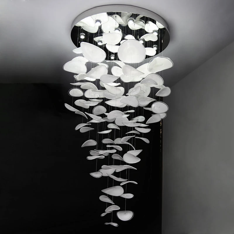 Modern DIY Scallop Ceiling Light Long Stair Raindrop Lighting Lotus Leaf Glass  Chandelier for Villa