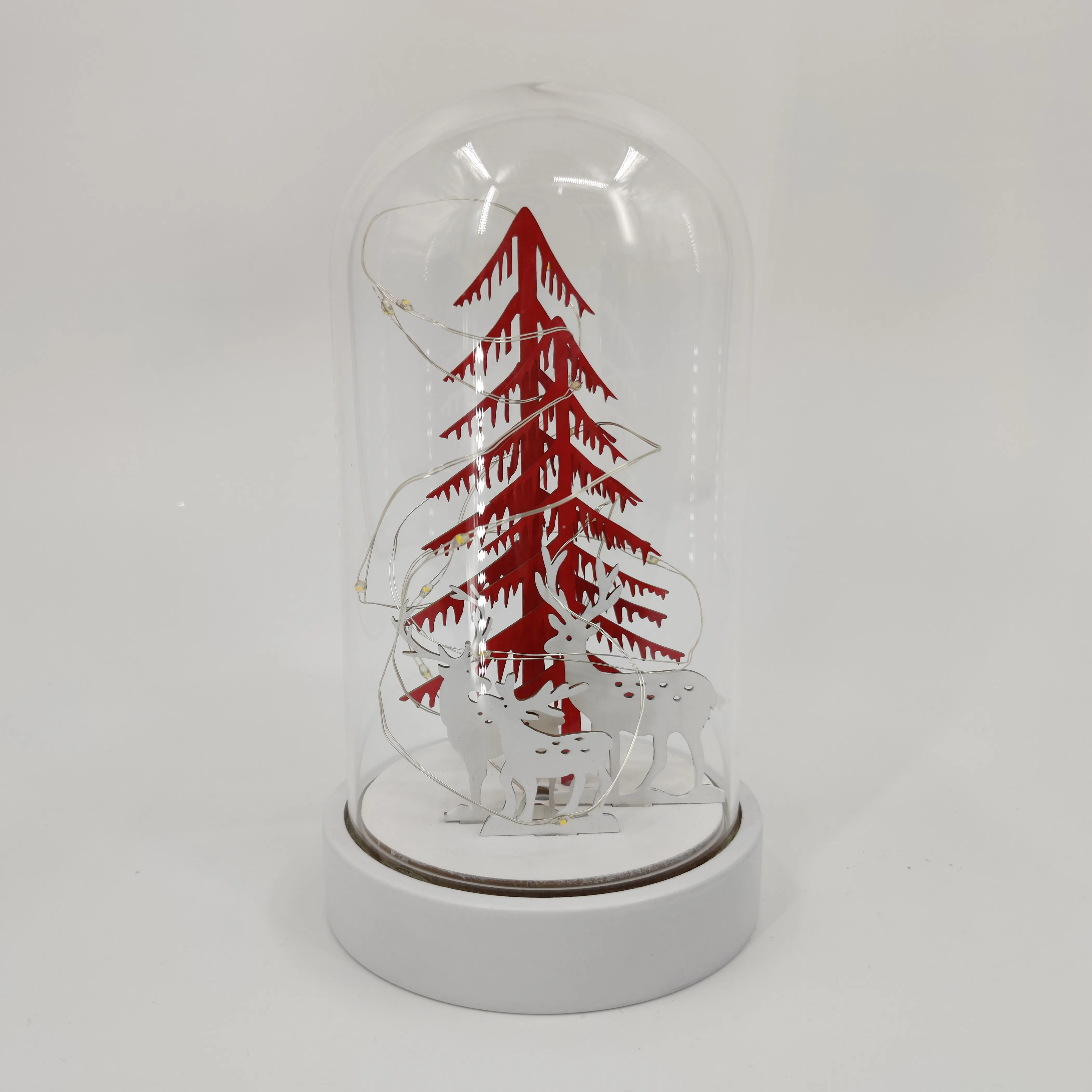 2023 Hot Selling LED Light Glass Dome Beautiful Red Tree In Glass Dome Ornaments With Led String Light Christmas Decoration