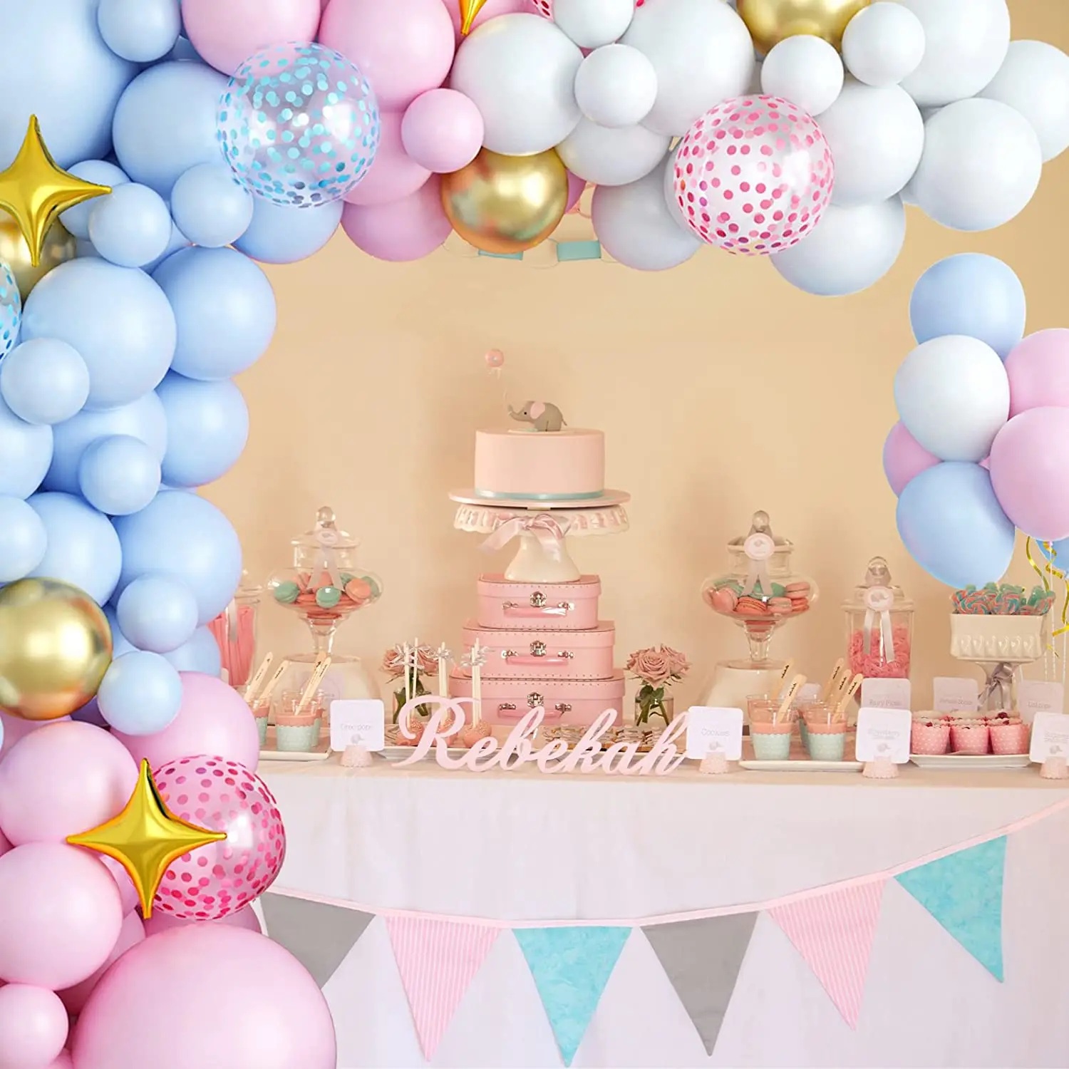 Gender Reveal Balloon Garland Arch Kit Pink Blue Gold Metallic Balloons 