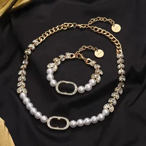 Luxury Classic Unisex Jewelry Set Letter Wheat Zircon Pearl Stainless Steel 18K Gold Plated Bracelet Necklace Earrings Set
