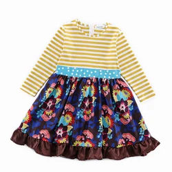 Плиссированные платья в полоску на весну и осень, платье с длинным рукавом и цветочным принтом для маленьких девочек