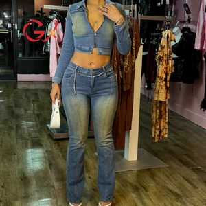 GX88662 Fashion 2025 Boutique Women Fall Clothing Boutique Long Sleeve Denim Zipper Jacket Top and Jeans Pant 2 Piece Set