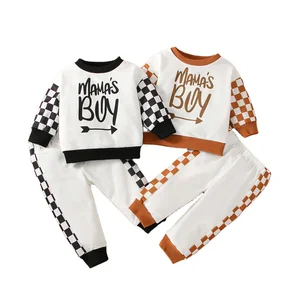 2022 New Fashion Kids Spring Autumn Round Collar Long Sleeve Letter Printed Plaid Sweater Top Solid Color Pants Boys Clothes Set