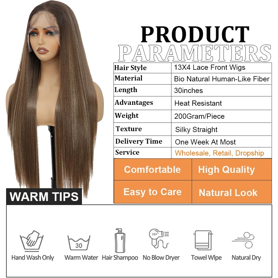 30 Inch Colored Straight Lace Front Pre Plucked Synthetic Wig 13x4 Long Lace Wigs Heat-resistant Fiber Copper Lace Frontal Wigs