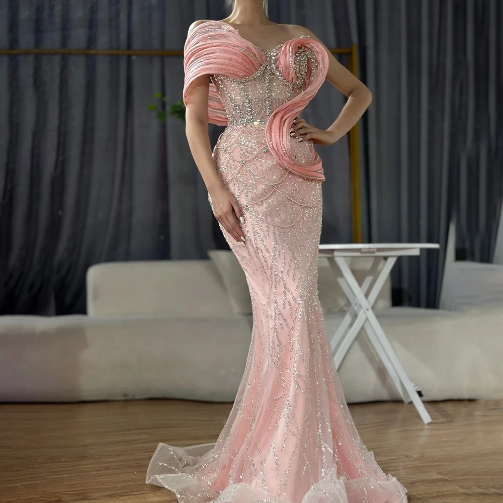 2025 Pink Mermaid Beaded Evening Gown - Elegant Party Dress for Women,  One-Shoulder Sleeveless Design, Floor-Length Classic Style