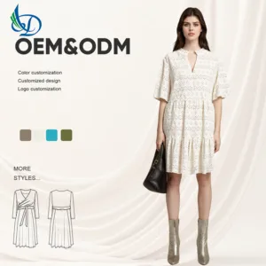 2026 Summer Women's Elegant V-neck Lace Dress with Flower Hollow Design Loose Casual Solid Color