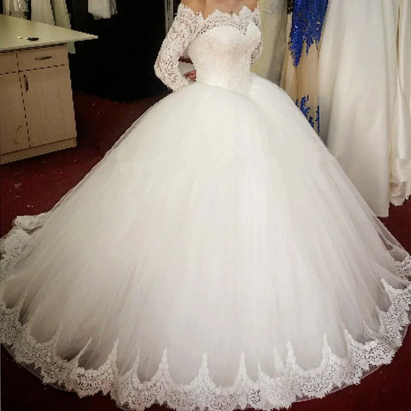 Luxury Summer Wedding Dress Gown Wedding Dress Crystal Stones Bride Long  Sleeve Lace Puff A Line Wedding Dresses