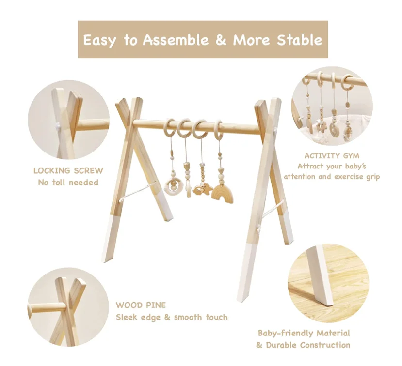 Деревянный складной детский игровой тренажерный зал с 4 подвесными игрушками для игр и обучения, рамка для детского тренажерного зала, подвесная балка, детский тренажерный зал