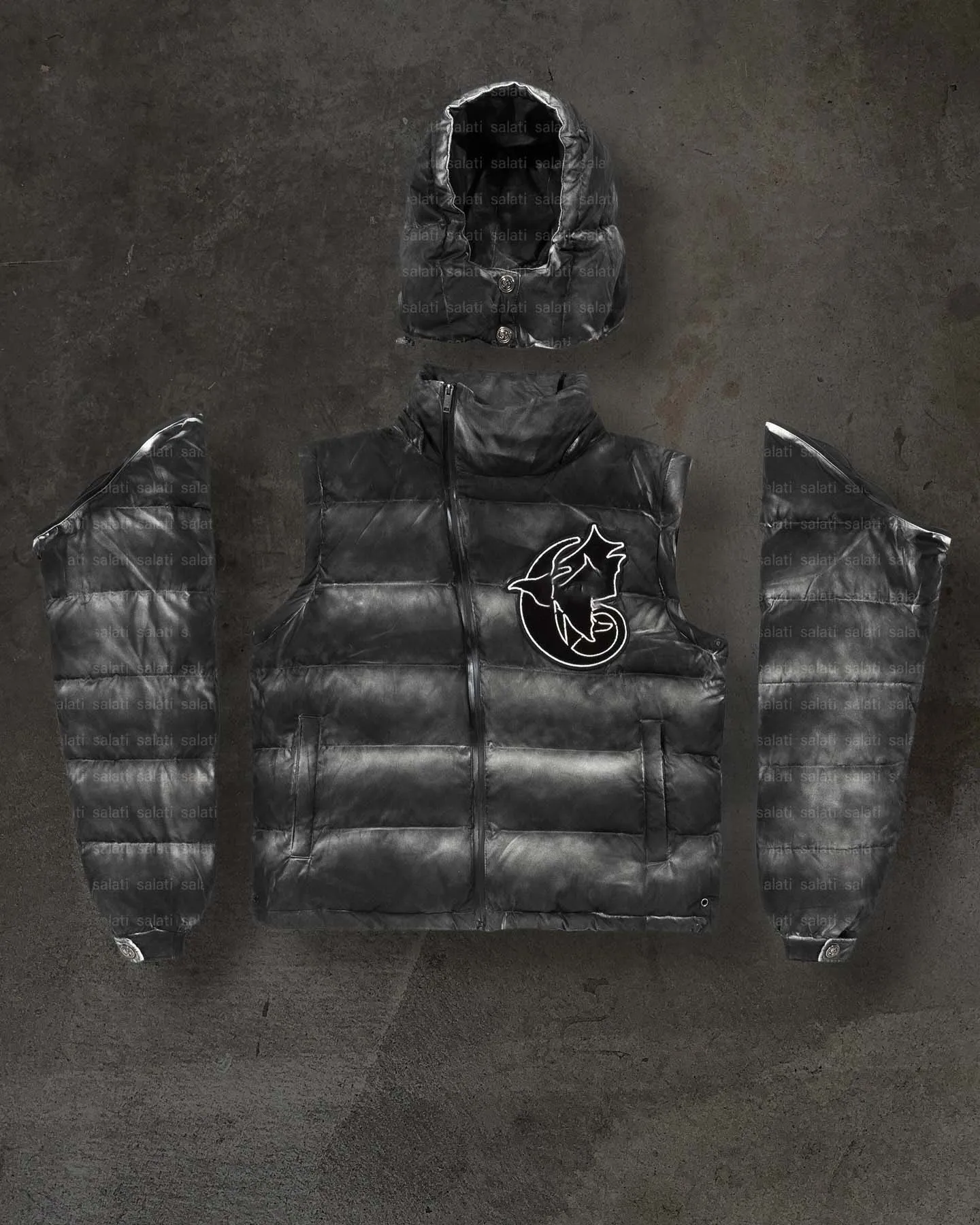 Salati Chenille Embroidery Zipper Removable Sleeveless Acid Wash Hooded Winter Quilted Jacket Bubble Down Coat Puffer Jacket Men