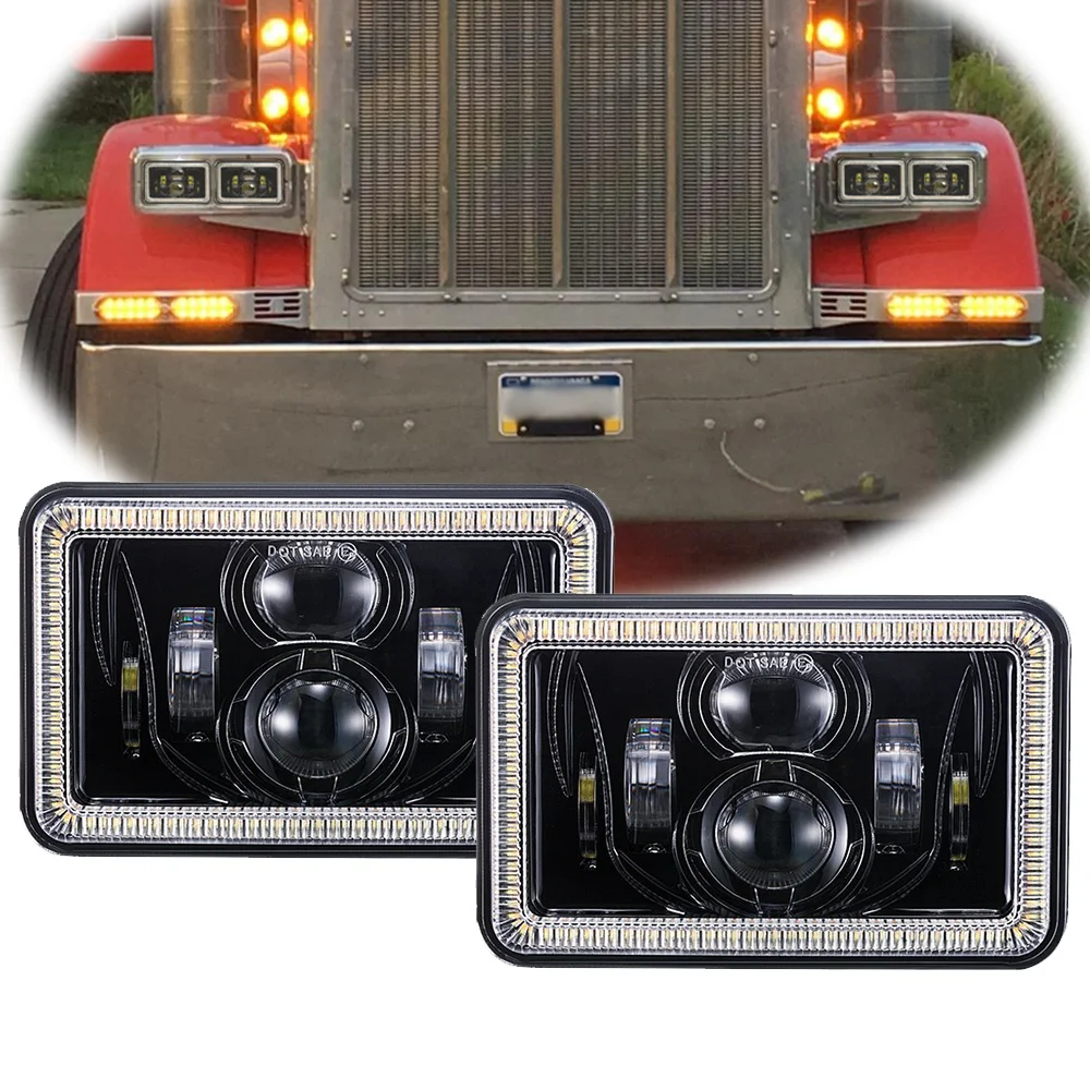 4x6 Inch Rectangular Led Headlight with halo for Peterbilt 378 379 Accessories Truck Led Headlight for Kenworth