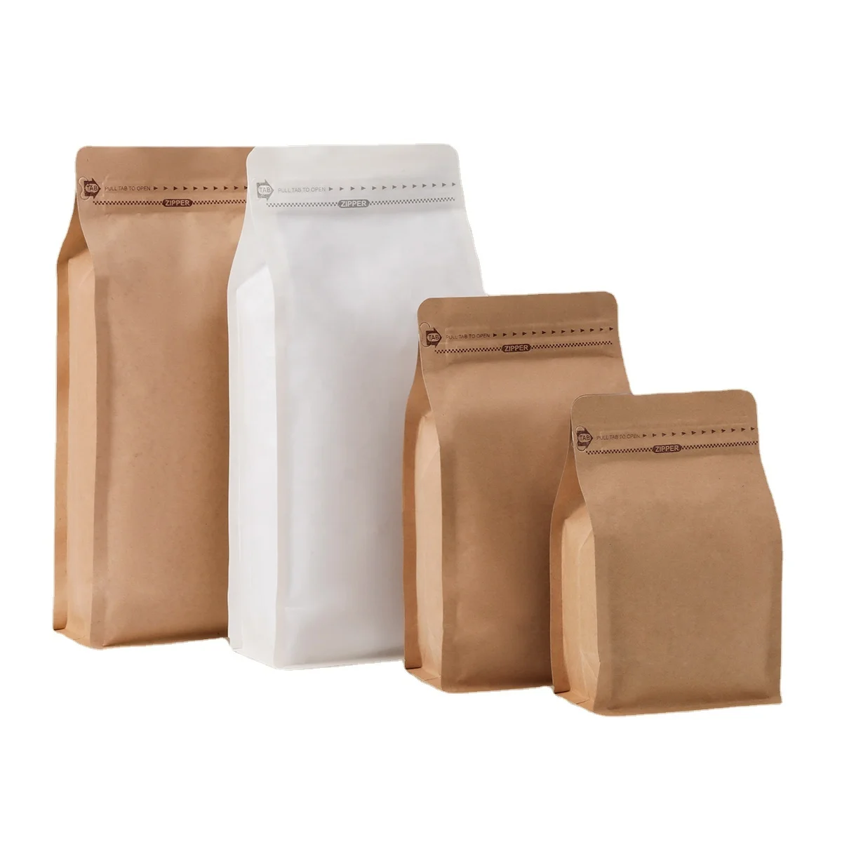 Gravure Printed Kraft Paper Resealable Coffee Bag 1kg 500g 250g Square Bottom White PE Plastic Aluminum Foil Moisture Proof