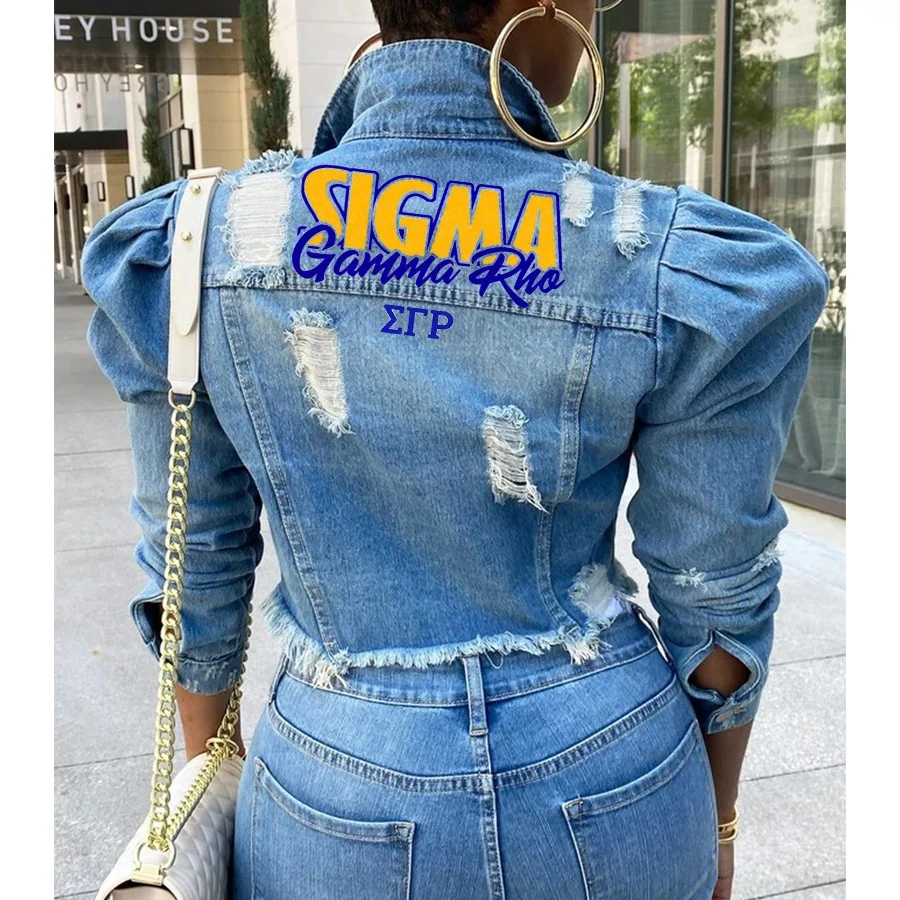 Low MOQ S to 3XL Size Greek Alphabet Delta Girl Printed Short Frayed Coat Sleeve Delta Dear Zeta Sgrho DST Sorority Denim Jacket
