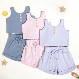 Professional Supplier Custom Logo Girls Summer Clothing Outfits Solid Color Kids Summer Clothe Set With Button Design