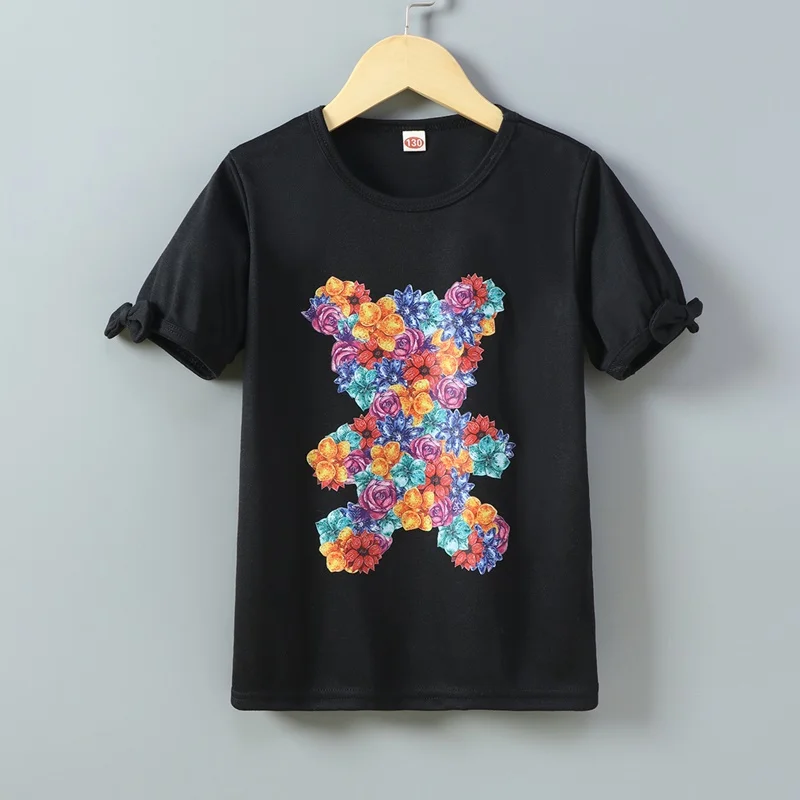 New Unisex Kids T-shirts Casual Flower Bear Bow Short Sleeve Boys Girls ...