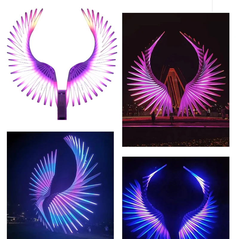 Interactive Dynamic RGB Wave Lighting - 3D LED Luminous Angel Wings for Event Motif & Commercial Decorative Installations