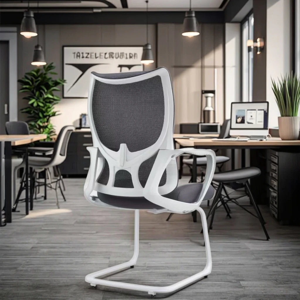 White Arched Base Modern PU Ergonomic Lift Chair Adjustable Height Fixed Fiberglass Armrest Solid Steel Structure 6