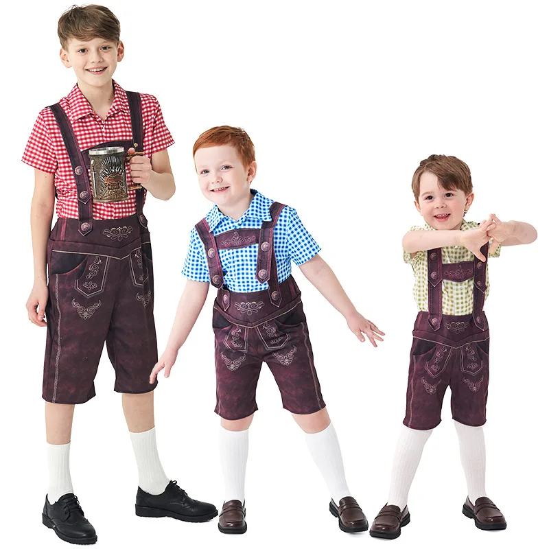 Costume Oktoberfest Enfant Garçon - Tenue Bavaroise 3 Pièces (haut, Short, Chapeau) - Pour Fête, Carnaval, Halloween