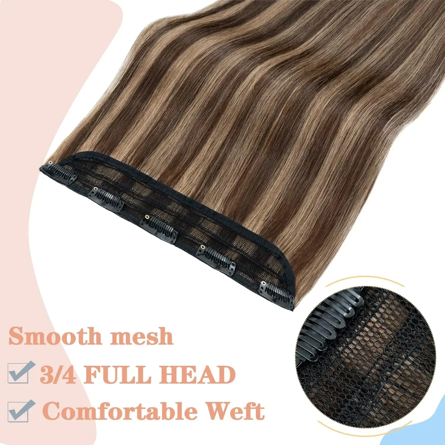 Einteilige Haarverlängerung, 5 Clips, glatt, gesträhnt, Remy Human, 120G, P4-27, Mittelbraun, Dunkelblond_voghion.com