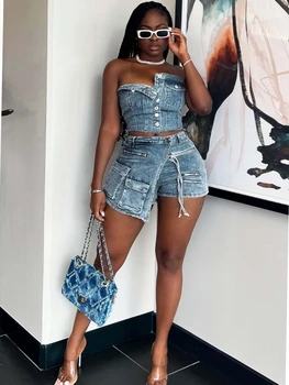 HR88010 European and American Fashion WOMEN'S Cross-border Supply of Wrapped Chest Tooling Shorts Denim Suit
