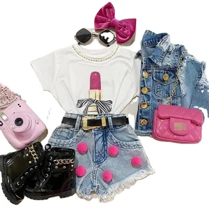 Summer Wholesale Kids Clothing Sets Cartoon Children Outfits Short Sleeve T Shirts High Waist Denim Shorts Baby Girl Clothes