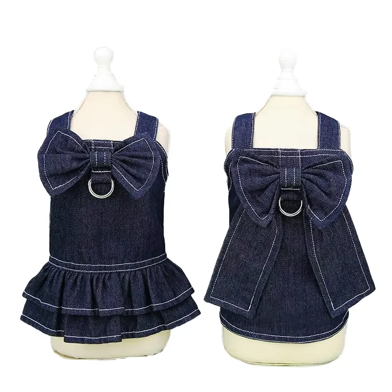 Popular Hot Sale Spring Summer Pet Clothes Big Bow Tie Jeans Dog Vest T-shirt Dress XS Clothes with Hanger for Dog Leads