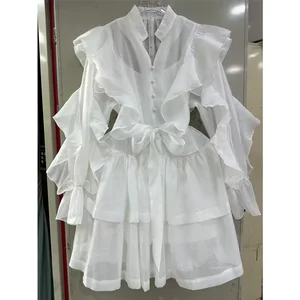 Factory Wholesale Vacation Casual Mini Dress Women Spring Summer Full Sleeve V-Neck Solid Ruffles Loose Oversize Party Dress