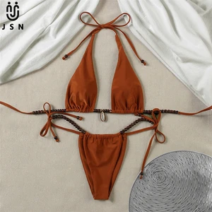 JSN 2026 New Design Customized Solid Halter Beading Women's Mirco Swimsuit Two Piece Backless Sexy Thongs Bikini Set for Lady